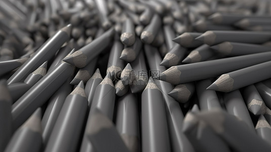 在 3d 渲染中精心组织的一组灰色铅笔