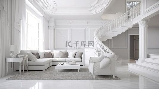 当代别致的生活空间白色房间和上层楼梯的 3D 可视化
