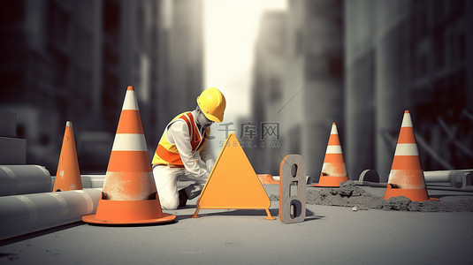 安全帽背景图片_3d 建筑工人操作带有安全锥和正在施工标志的手提钻