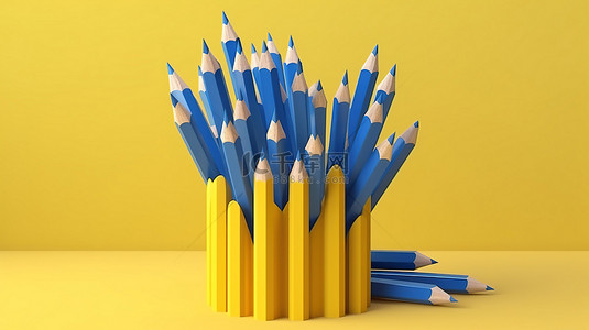 回到学校黄色背景上蓝色铅笔的最小 3D 渲染