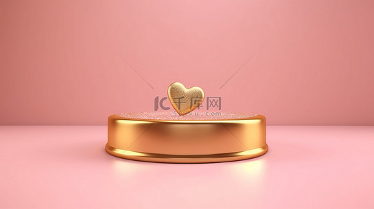 闪闪发光的金色心站在粉红色背景上，以令人惊叹的 3D 渲染庆祝爱情婚姻