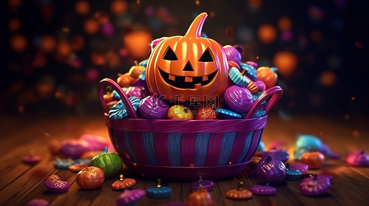 3D 渲染的篮子里装满了甜食，伴随着咧嘴笑的杰克灯笼，一个欢快的万圣节场景