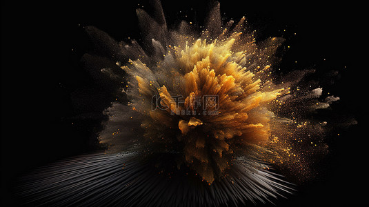 彩色烟雾弹背景图片_黑色背景在 3D 渲染中爆发出充满活力的金黄色颗粒