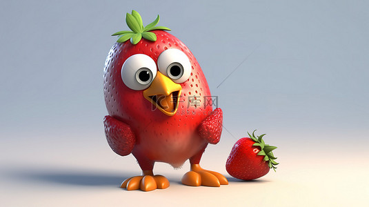 动慢搞笑动图背景图片_搞笑的 3D 描绘，一只鸡抓着一个巨大的草莓