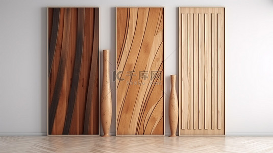 现代 3D 渲染光滑的垂直棕色木板在白墙背景上