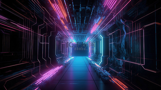 发光的未来隧道赛车通过城市景观 3d 渲染与霓虹灯和超空间旅行科幻氛围