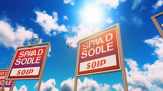 3D 渲染的房地产标志在晴朗的蓝天上，阳光明媚，可供出售