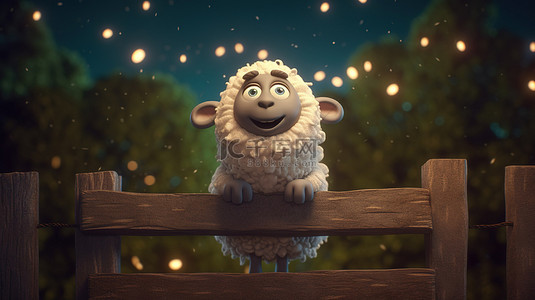 可爱的3D渲染卡通羊在夜间计数主题中跳过栅栏