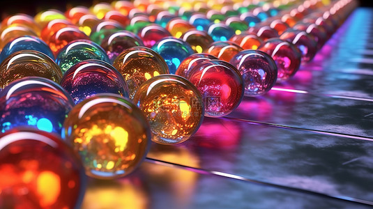关闭 3D 渲染的彩色玻璃球，完美排成反光光泽