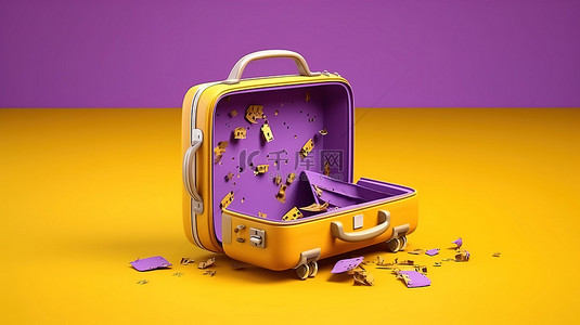 踏上背景图片_踏上旅程 3D 渲染的黄色手提箱在紫色背景下打开