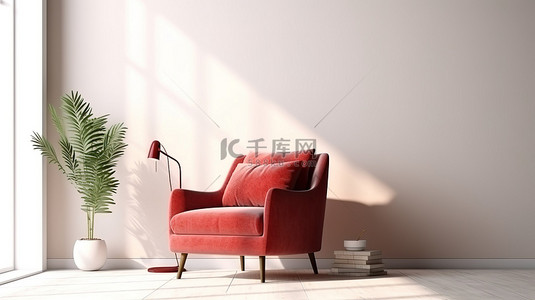 斯堪的纳维亚背景图片_现代休息区设计，配有充满活力的红色扶手椅简约的白墙模型和 3D 可视化
