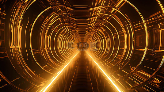粒子光圈背景图片_金色数字 3D 渲染中的未来派霓虹灯隧道