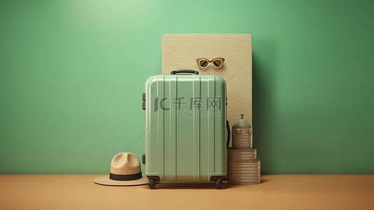 干净的旅行概念 3D 渲染帽子和太阳镜在薄荷墙背景与手提箱