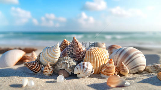 各种贝壳品种躺在沙滩海岸线上，3D 渲染中模糊的蓝色海洋