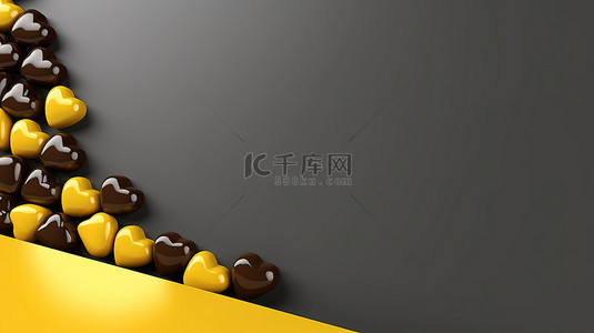 情人节巧克力盒背景图片_巧克力和黄心形状右侧 3D 渲染上的空白空间