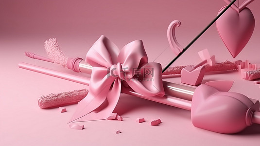 情人节主题弓和箭在粉红色 3d 渲染