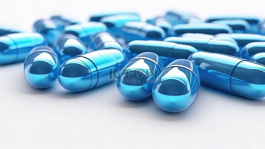 白色背景上蓝色胶囊药丸的抗生素和治疗3D渲染中的医疗保健概念
