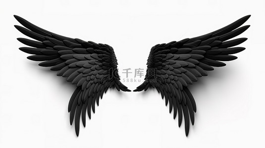 白色背景孤立的黑色羽毛恶魔翅膀 3d 插图