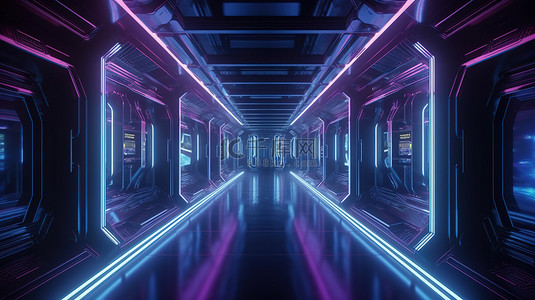 紫色赛博朋克背景图片_科幻插图霓虹灯在 3d 渲染的宇宙飞船走廊中发光的蓝色紫色背景