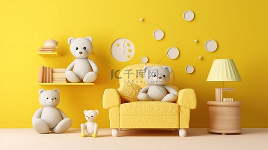 充满活力的儿童游戏室，配有黄色墙壁和儿童尺寸的扶手椅 儿童房间内部模型，配有 3D 渲染的毛绒玩具和枕头