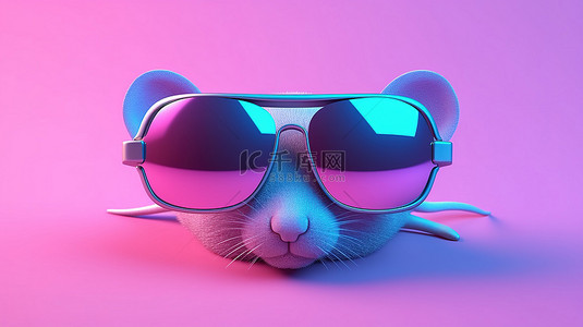 眼镜框logo背景图片_紫色背景上 PC 鼠标和浮雕 3D 眼镜的简约顶视图