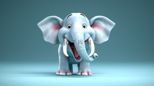 异想天开的 3D 大象拿着一颗牙齿，上面有欢乐的插图