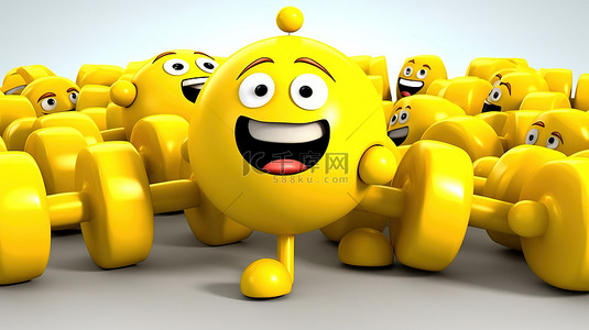 搞笑 3D 黄色卡通人物用哑铃举重