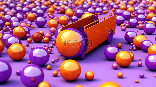 充满活力的紫色场景，带有橙色巴士和 3D 渲染的彩色球