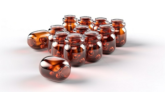 健康胶囊背景图片_白色背景上棕色玻璃瓶中胶囊的 3D 渲染