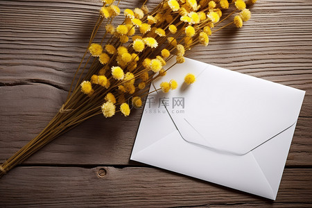 木桌库存上有黄色花朵的白色信封