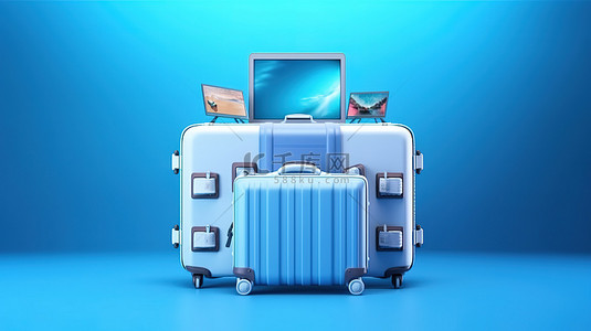 旅行者的装备和电脑蓝色背景上行李和电脑的 3D 插图