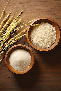 耳朵短毛背景图片_两个木碗里的干米饭金耳朵和叶子