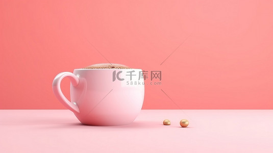 瓷咖啡杯子背景图片_带有 3D 渲染咖啡杯的粉色粉彩上的可用复制空间