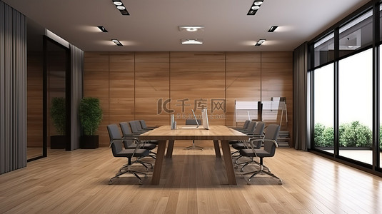 书房会议室背景图片_设计时尚的商务会议室，配有 3D 渲染和优雅的木地板