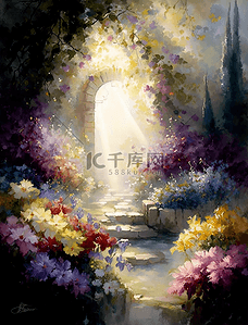 奇幻森林背景图片_浪漫梦幻花卉花园森林油画装饰画背景