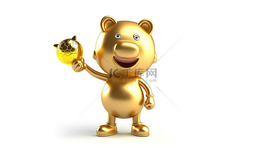 金奖杯吉祥物人物角色的 3D 渲染，以存钱罐和白色背景的金美元硬币为骄傲的获奖者