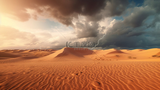 3D 插图中沙尘暴和戏剧性云彩中迷人的荒地雄伟沙丘