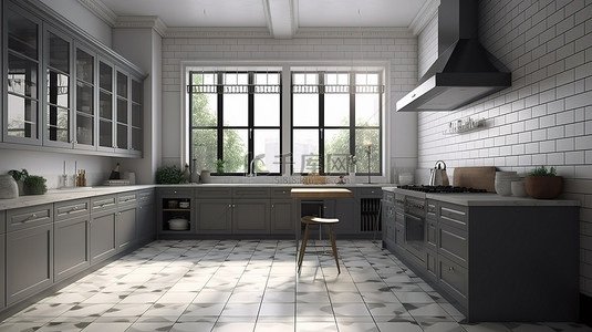 宽敞房间背景图片_3d 现代厨房内饰，宽敞的窗户，白色和灰色的墙壁