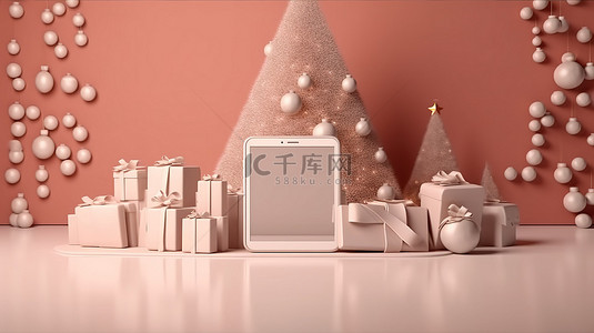 礼敬老人背景图片_3D 渲染的手机装饰着节日圣诞装饰品礼物和树