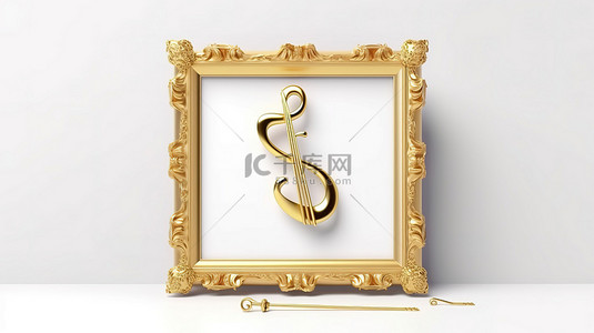 古典相框背景图片_3d 渲染的金色高音谱号库仑吊坠悬挂在空白的白色相框上