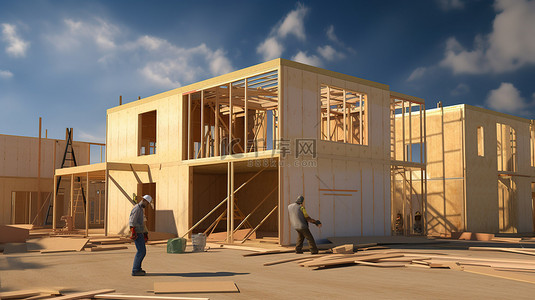 水背景图片_建筑商正在努力建造正在进行中的 3D 房屋