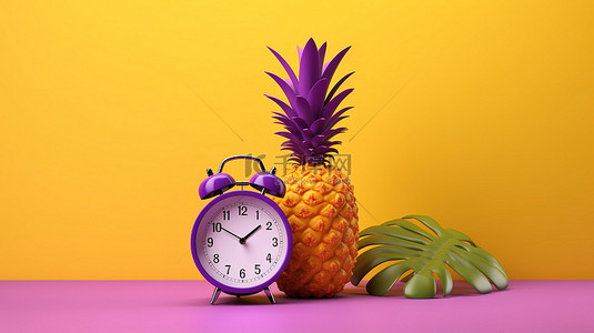 紫色美食背景背景图片_黄色和紫色夏季背景下菠萝和时钟的热带钟表 3D 渲染