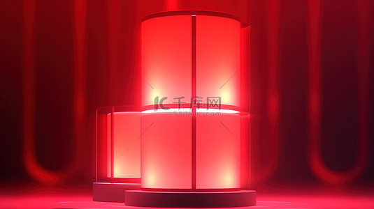 红色亮起的空白产品展台 3d 渲染底座用于展示