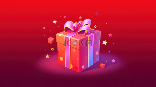 红色背景上带有彩色蝴蝶结的充满活力的礼品盒的逼真 3D 渲染