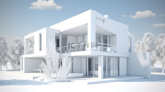 房地产设计背景图片_通过 3D 渲染，一座白色的设计师住宅变得栩栩如生