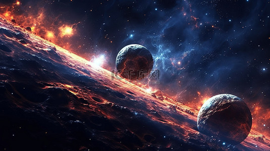 宇宙太空星球行星背景图片_外星球在太空中旋转和漂移的 3D 渲染，具有壮观的星空背景