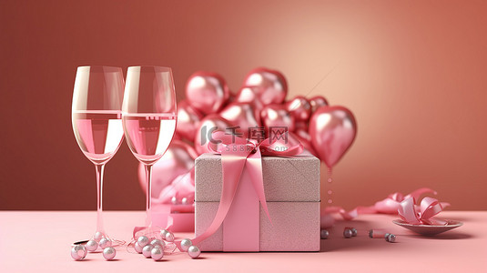 香槟杯和粉红心形装饰礼品盒的 3D 渲染插图