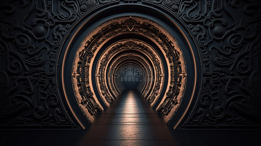 华丽光背景图片_3D 插图中装饰华丽的黑暗隧道