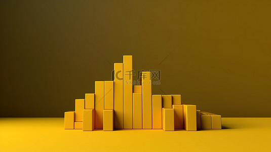 黄色图表栏朝着业务成功和发展方向发展的 3D 插图
