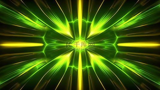 对称的 3D 插图揭示了万花筒般的设计，以充满活力的黄色和绿色色调的霓虹灯为特色